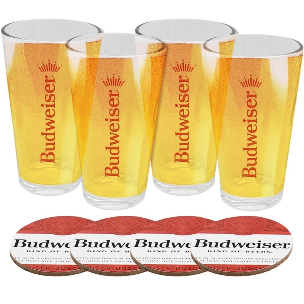 Authentically Licensed Budweiser 16oz Pint Glass🍻w Coasters Set of 4 Compatible